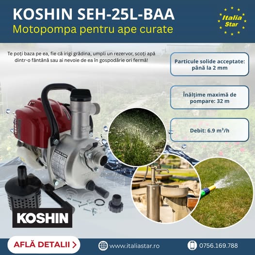 Motopompa pentru ape curate KOSHIN SEH-25L-BAA, cu motor Honda GX25