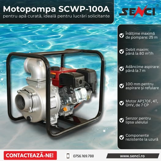 Motopompă SCWP-100A pentru apă curată, pregătită pentru lucrări solic...