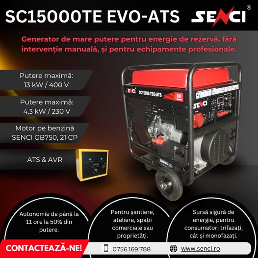 GENERATOR SENCI SC15000TE EVO-ATS – putere mare și alimentare automa...