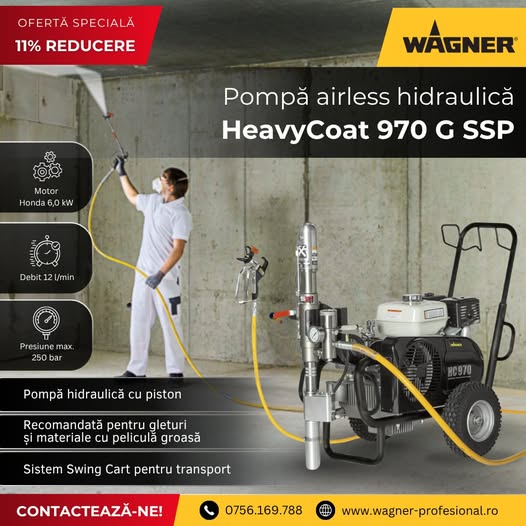 Pompă airless hidraulică HeavyCoat 970 G SSP – motor Honda 6,0 kW, ...