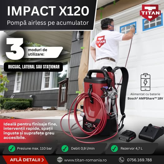 Impact X120 – pompă airless pe acumulator. Libertate totală, finisa...