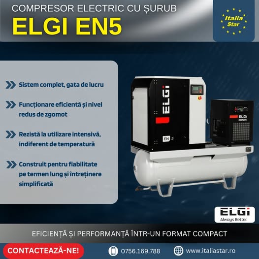 Compresor electric cu șurub ELGI EN5 – eficiență și performanță...