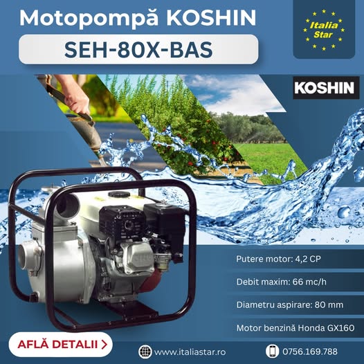 Motopompa KOSHIN SEH-80X-BAS – debit mare și fiabilitate pentru pomp...