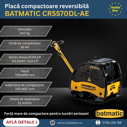 Placă compactoare reversibilă BATMATIC CR5570DL-AE – forță mare d...